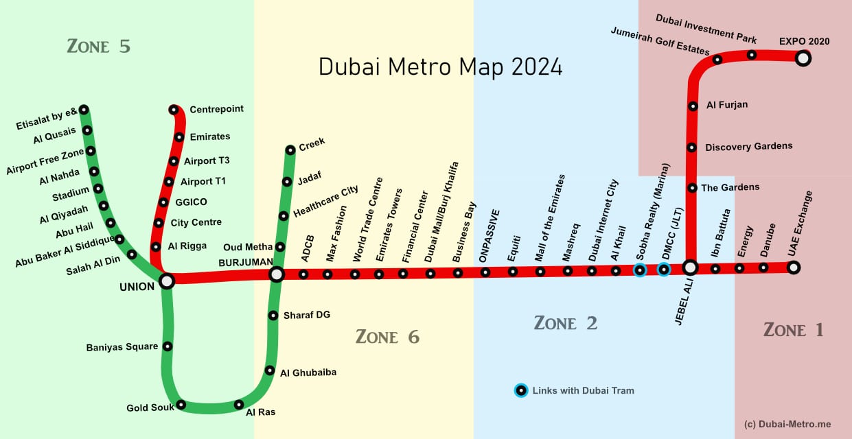 An image of the Dubai Metro Map in 2024, showing all the zones and areas accessible via the Dubai Metro