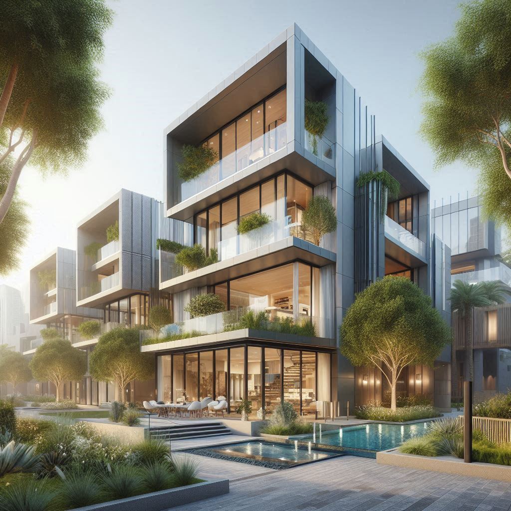 A modern townhouse exterior in Dubai, showcasing contemporary architecture with a mix of glass, steel, and lush green landscaping.