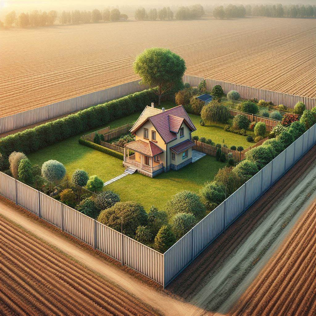 A tiny villa in a large plot of fenced land, emphasizing the difference in sizes.