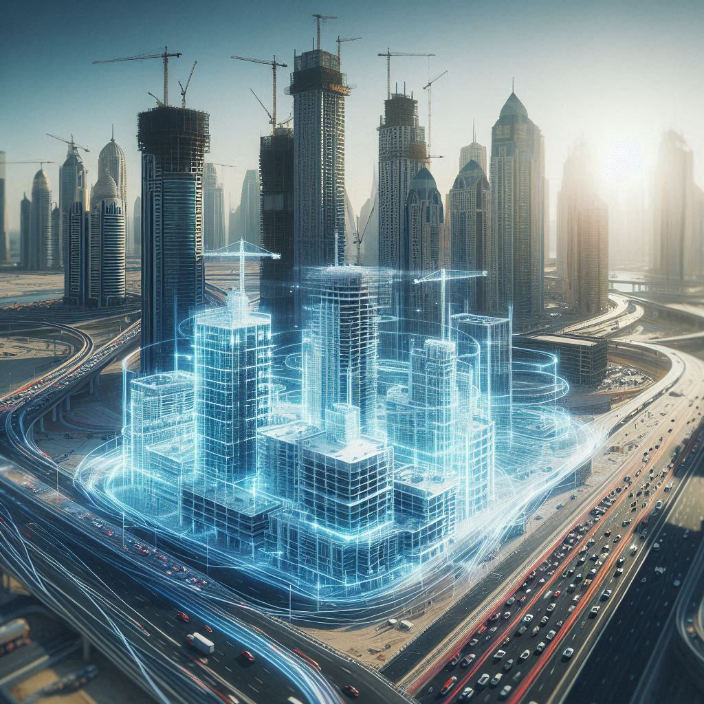 A construction site in Dubai with a digital overlay showing what the completed project will look like.