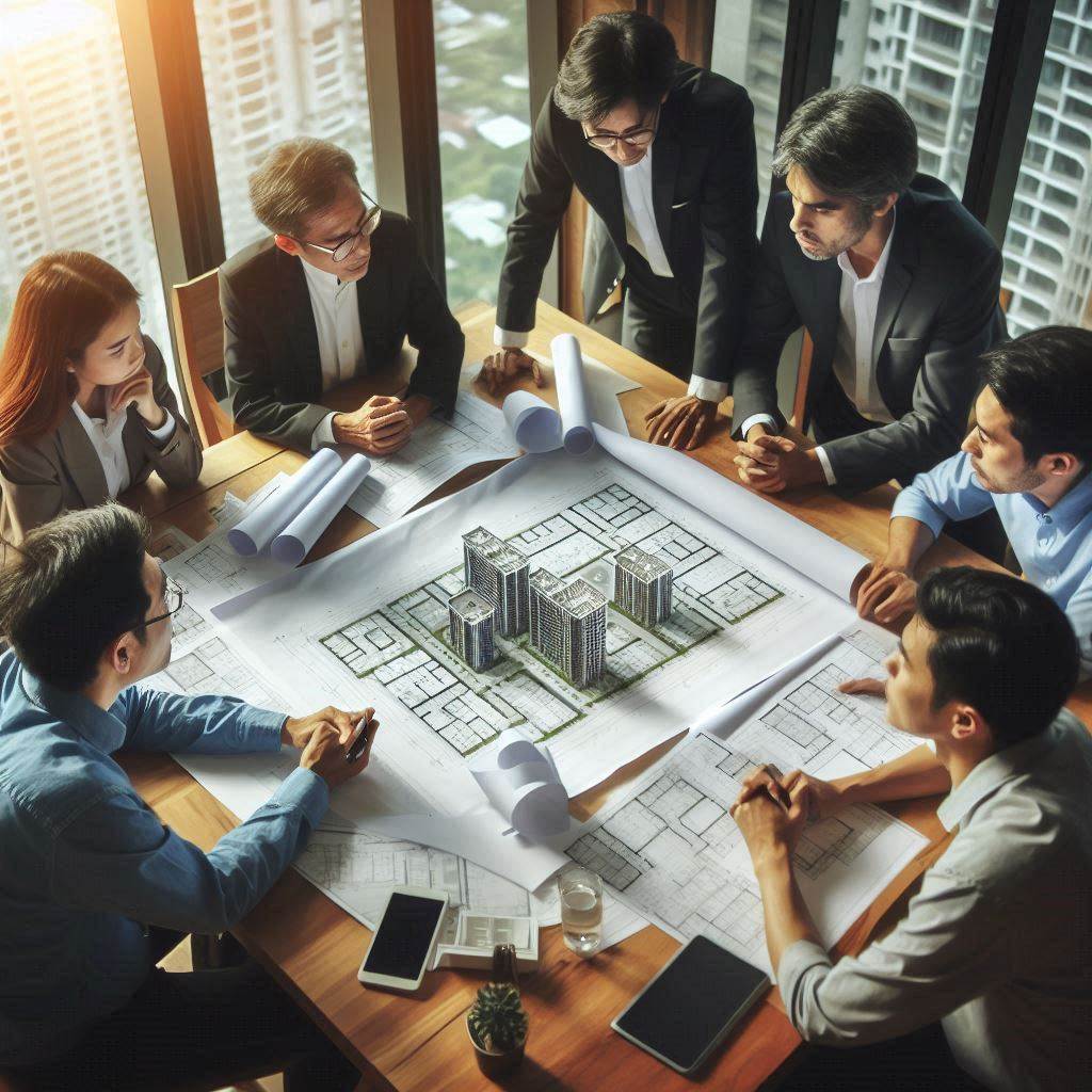 A group of investors gathered around a table, looking at blueprints and plans for a new off-plan property.
