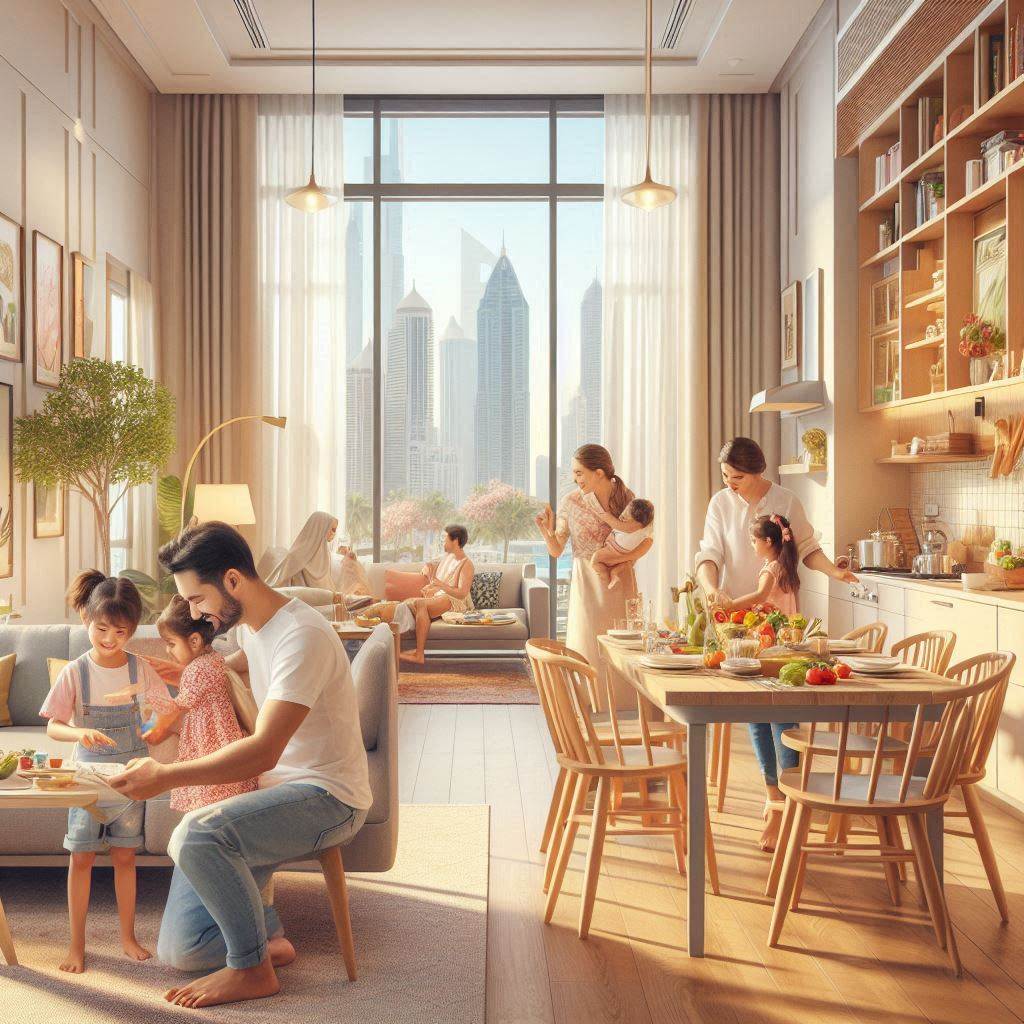 A warm and lively image of a family enjoying their life in a Dubai townhouse, showing parents and children engaging in activities like cooking, playing, and relaxing in the living room.