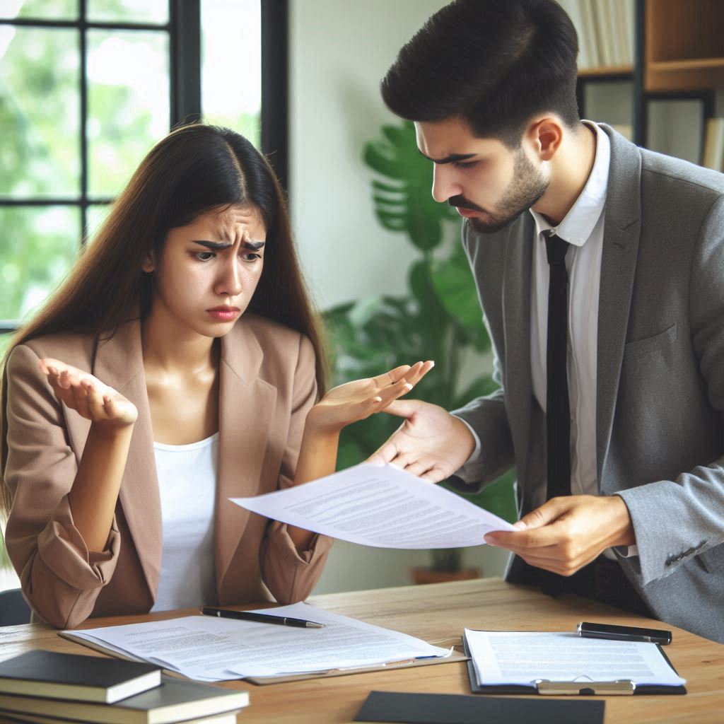 A frustrated buyer holding documents and talking to a real estate agent, highlighting the importance of understanding legal aspects.