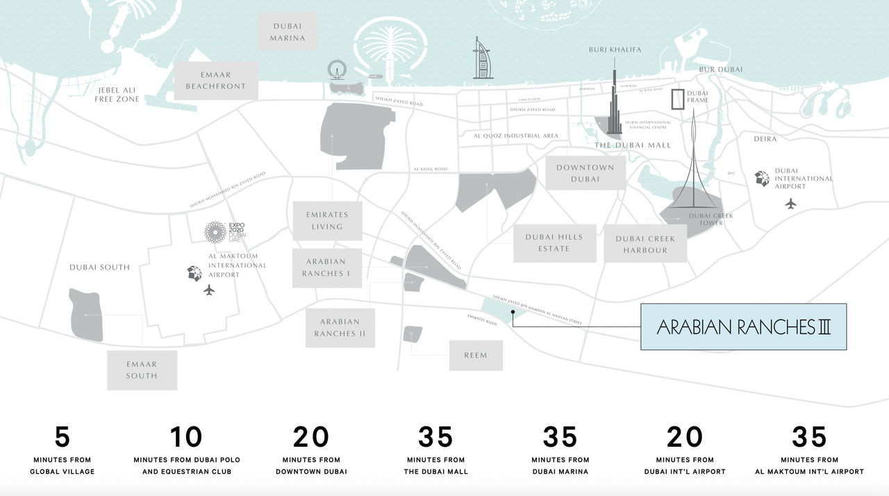 Overview map of Arabian Ranches 3 and other communities in Dubai