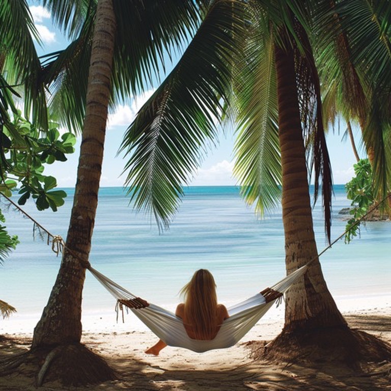 The image invokes a sense of peace and tranquility, featuring a solo traveler taking a moment to unwind in a picturesque setting. Cradled by a gently swaying hammock and shaded by lush palm fronds, the individual gazes out toward the horizon where clear blue skies meet the tranquil azure waters. The soft white sand, hints of local flora, and the soothing sound of waves lapping against the shore complete the idyllic scene, offering an invitation to embrace the slow rhythms of island life.