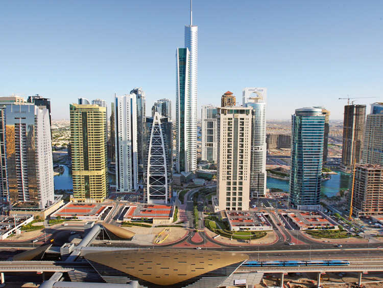 Aerial view of JLT showing the metro station